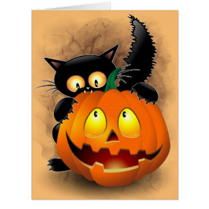 Cat Fun Halloween Charakter beißt einen Kürbis