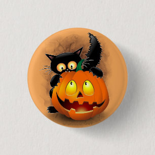 Cat Fun Halloween Charakter beißt einen Kürbis Button
