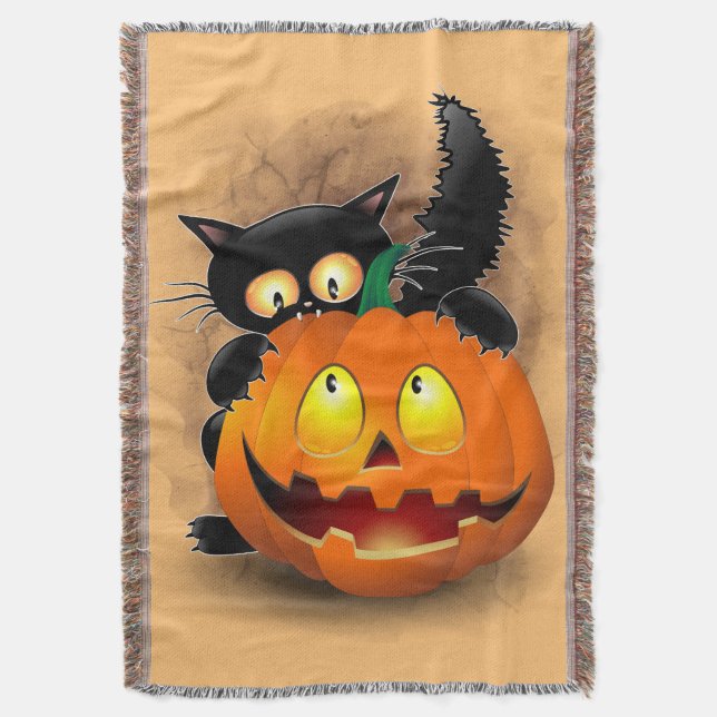Cat Fun Halloween Charakter beißt einen Kürbis Decke (Vorderseite Vertikal)