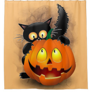 Cat Fun Halloween Charakter beißt einen Kürbis Duschvorhang