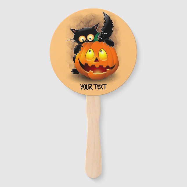 Cat Fun Halloween Charakter beißt einen Kürbis Fächer (Vorderseite)