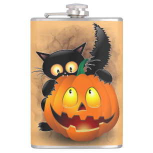 Cat Fun Halloween Charakter beißt einen Kürbis Flachmann