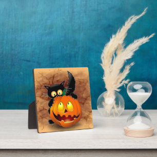 Cat Fun Halloween Charakter beißt einen Kürbis Fotoplatte