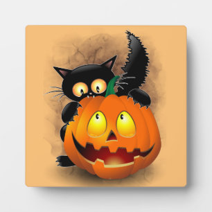 Cat Fun Halloween Charakter beißt einen Kürbis Fotoplatte