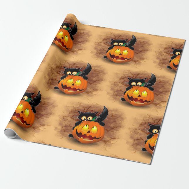 Cat Fun Halloween Charakter beißt einen Kürbis Geschenkpapier (Ungerollt)