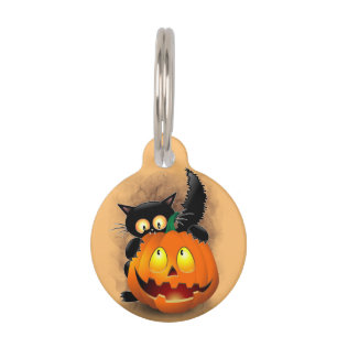 Cat Fun Halloween Charakter beißt einen Kürbis Haustiermarke