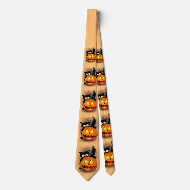Cat Fun Halloween Charakter beißt einen Kürbis Krawatte (Vorderseite)