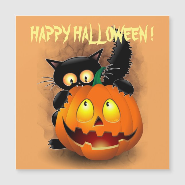 Cat Fun Halloween Charakter beißt einen Kürbis Magnetkarte (Vorderseite)