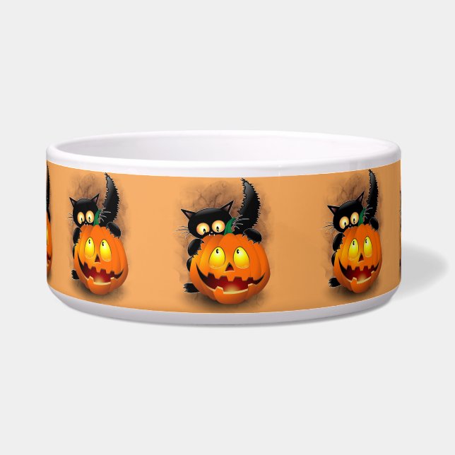 Cat Fun Halloween Charakter beißt einen Kürbis Napf (Vorderseite)