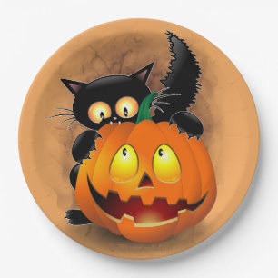 Cat Fun Halloween Charakter beißt einen Kürbis Pappteller