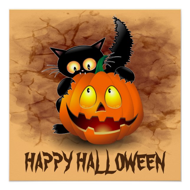 Cat Fun Halloween Charakter beißt einen Kürbis Poster (Vorderseite)