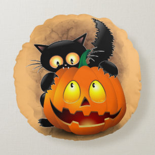 Cat Fun Halloween Charakter beißt einen Kürbis Rundes Kissen