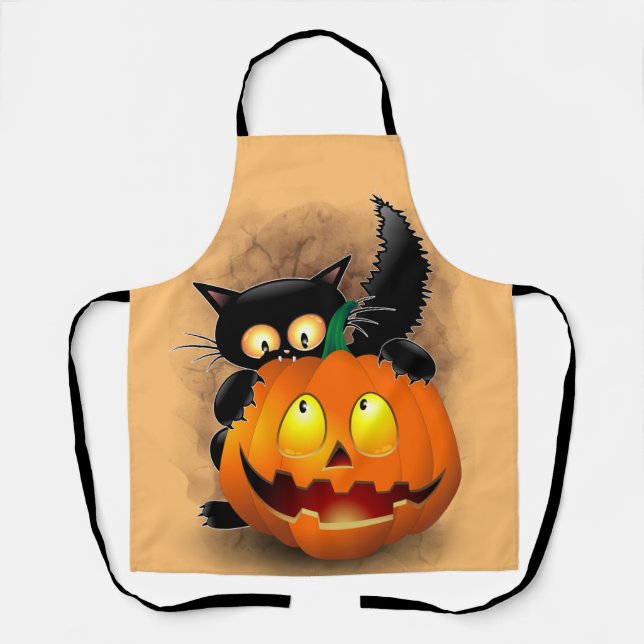Cat Fun Halloween Charakter beißt einen Kürbis Schürze (Vorderseite)