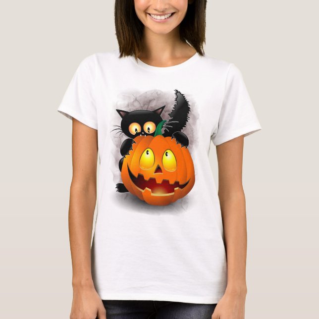 Cat Fun Halloween Charakter beißt einen Kürbis T-Shirt (Vorderseite)