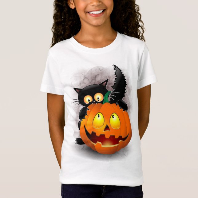 Cat Fun Halloween Charakter beißt einen Kürbis T-Shirt (Vorderseite)