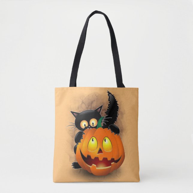 Cat Fun Halloween Charakter beißt einen Kürbis Tasche (Vorderseite)