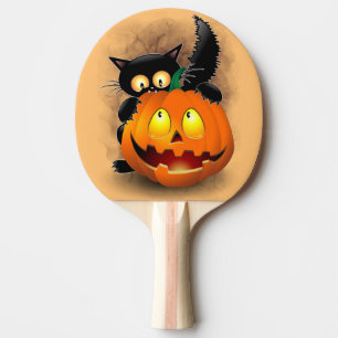 Cat Fun Halloween Charakter beißt einen Kürbis Tischtennis Schläger