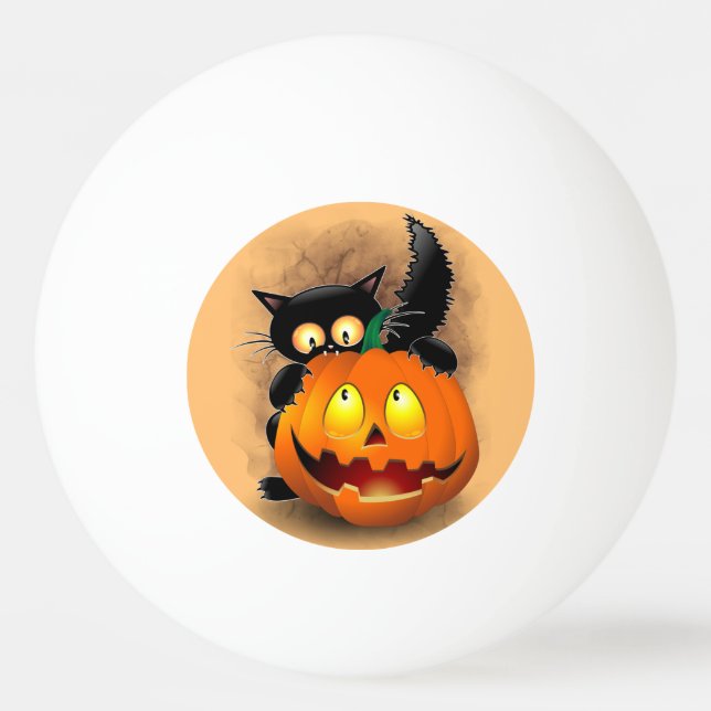 Cat Fun Halloween Charakter beißt einen Kürbis Tischtennisball (Vorderseite)