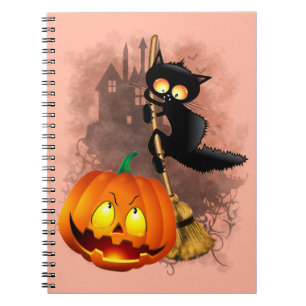 Cat Fun Halloween Charakter verängstigt von einem  Notizblock