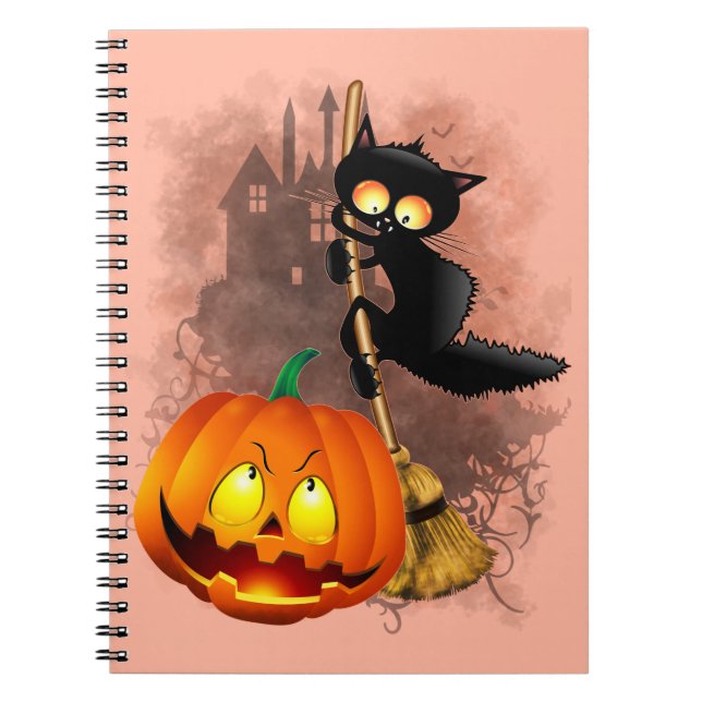Cat Fun Halloween Charakter verängstigt von einem  Notizblock (Vorderseite)