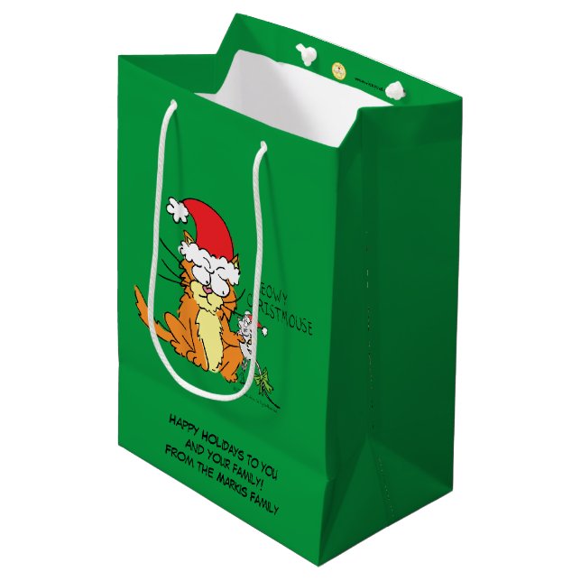 Cat Funny Christmas Cartoon Niedlich Mouse Mittlere Geschenktüte (Vorderseite Schrägansicht)