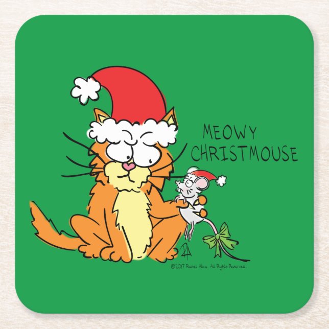 Cat Funny Christmas Cartoon Niedlich Mouse Rechteckiger Pappuntersetzer (Vorderseite)