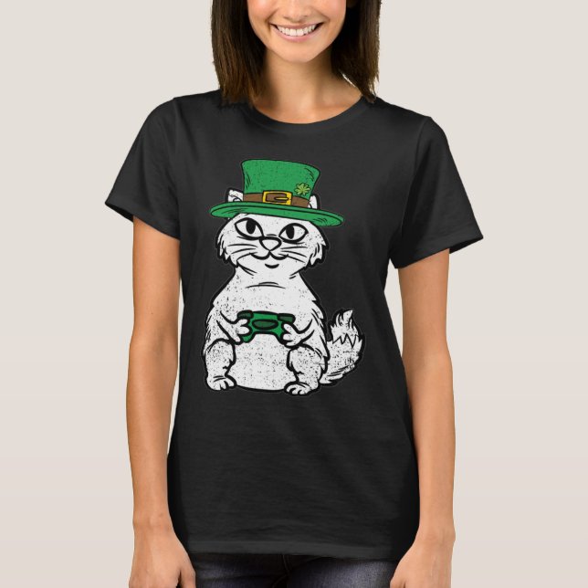 Cat Gamer St Patricks Day Funny Video-game Control T-Shirt (Vorderseite)
