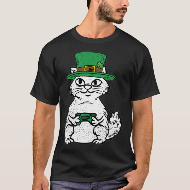 Cat Gamer St Patricks Day Funny Video-game Control T-Shirt (Vorderseite)