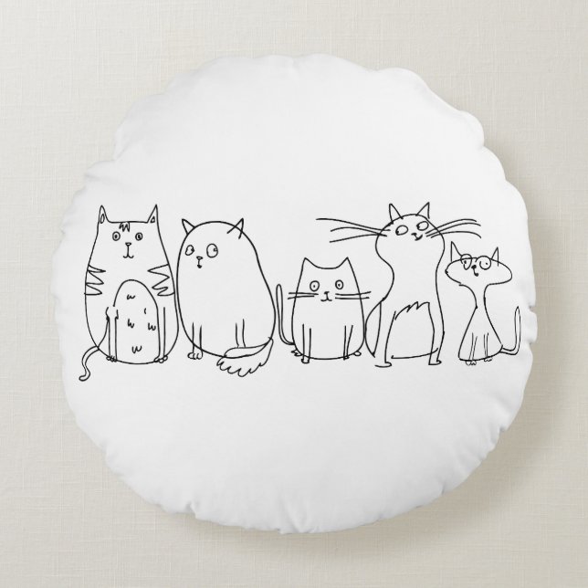 Cat Gang Line Art Cartoon Illustration Rundes Kissen (Vorderseite)