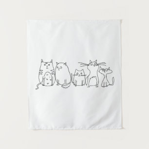 Cat Gang Line Art Cartoon Illustration Wandteppich