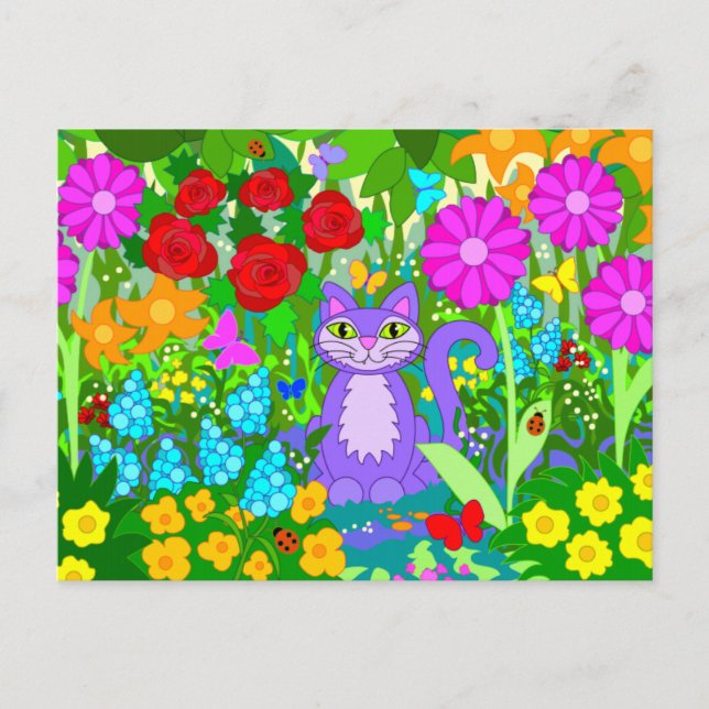 Cat Garden Blume Schmetterlinge Ladybugs Postkarte (Vorderseite)