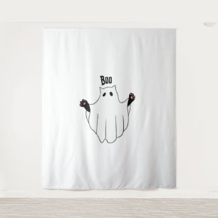Cat Ghost Boo Halloween Funny Spooky Black Cat Wandteppich