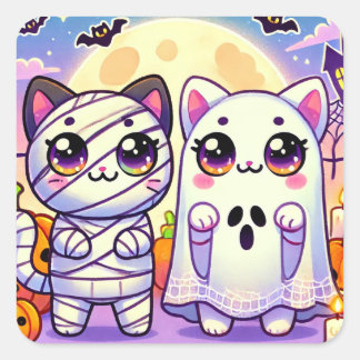 Cat Ghost und Cat Mummy Quadratischer Aufkleber