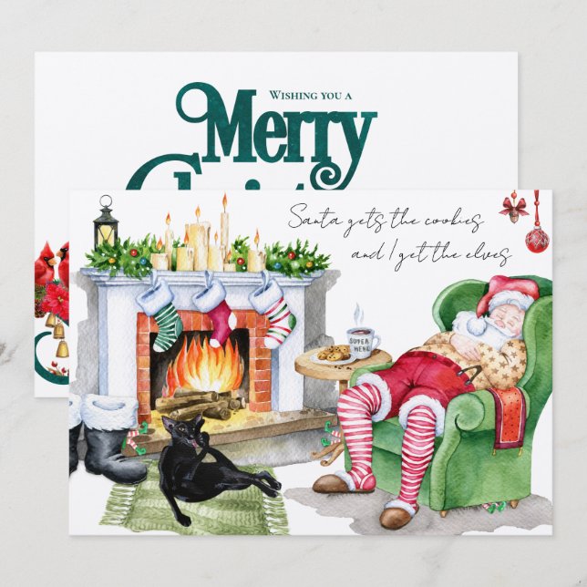 Cat gibt den Elfen Funny Weihnachten Gruß Karte (Vorne/Hinten)