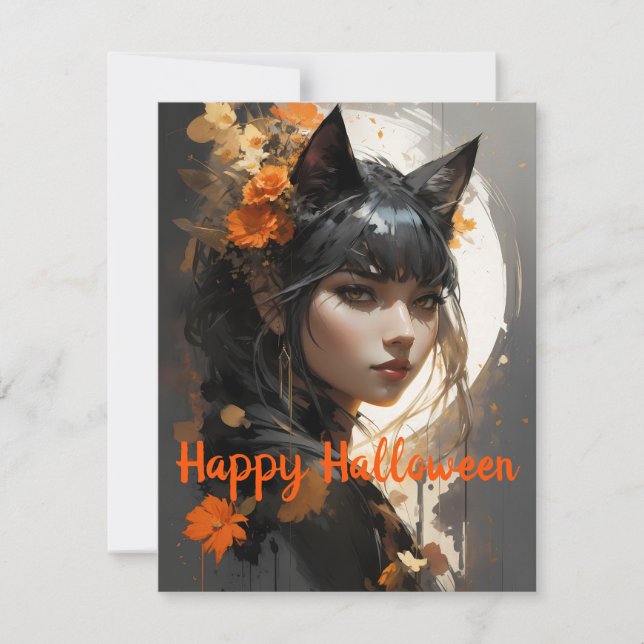Cat Girl Halloween Wünsche Mitteilungskarte (Vorderseite)