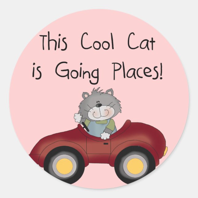 Cat Going Places Red Car Hemden und Geschenke Runder Aufkleber (Vorderseite)