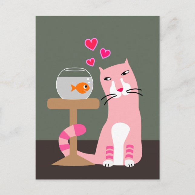 Cat & Goldfish Valentine Feiertagspostkarte (Vorderseite)