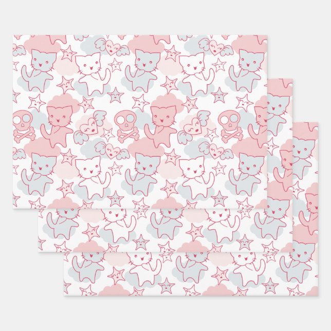 Cat Goth Skull Japanese Style Kawaii Heart Cloud Geschenkpapier Set (Set)