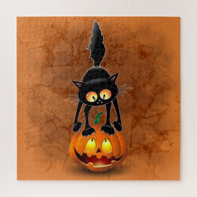 Cat Halloween erschreckter Cartoon auf Kürbiskröte (Vertikal)