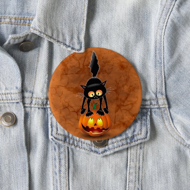 Cat Halloween erschreckter Cartoon auf Kürbiskröte Button (Beispiel)