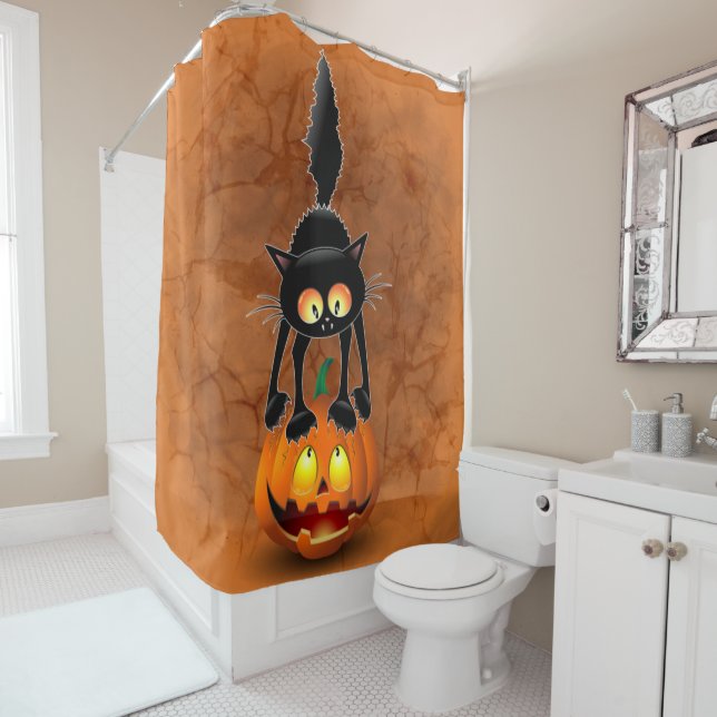 Cat Halloween erschreckter Cartoon auf Kürbiskröte Duschvorhang (Beispiel)
