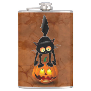 Cat Halloween erschreckter Cartoon auf Kürbiskröte Flachmann