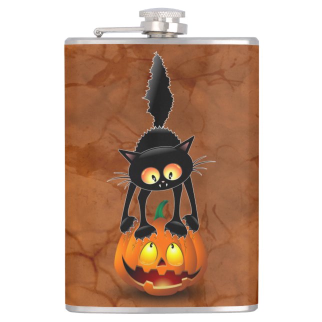 Cat Halloween erschreckter Cartoon auf Kürbiskröte Flachmann (Vorderseite)
