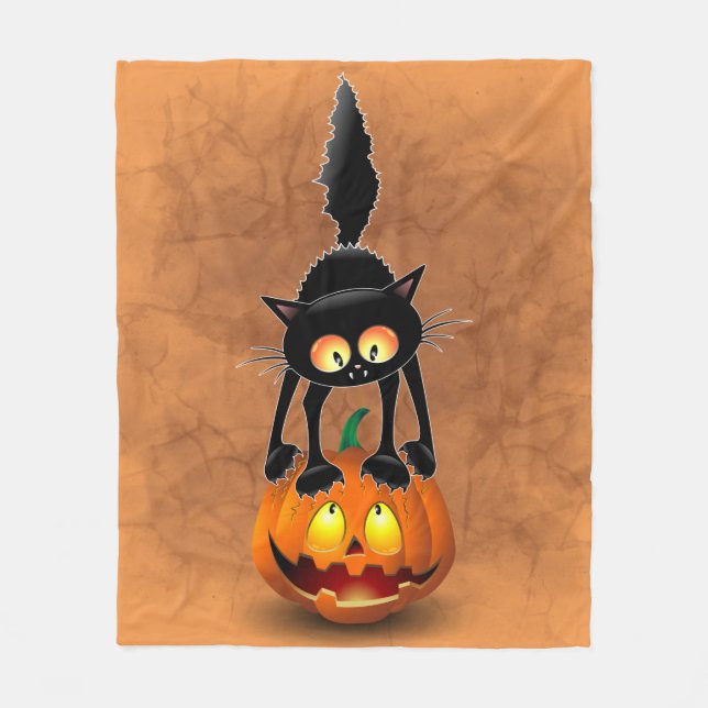 Cat Halloween erschreckter Cartoon auf Kürbiskröte Fleecedecke (Vorderseite)