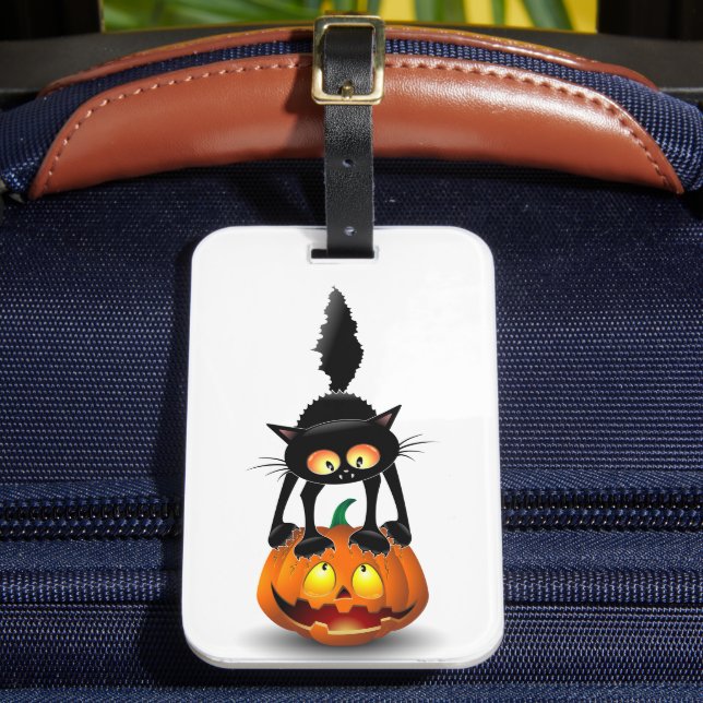 Cat Halloween erschreckter Cartoon auf Kürbiskröte Gepäckanhänger (Vorderseite Insitu 2)