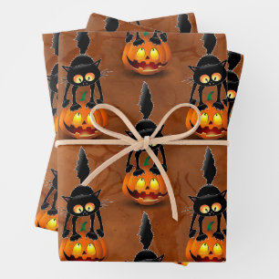 Cat Halloween erschreckter Cartoon auf Kürbiskröte Geschenkpapier Set