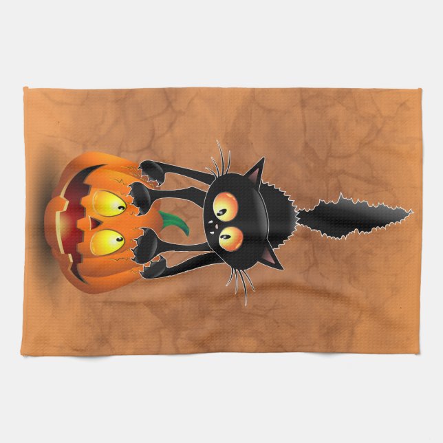 Cat Halloween erschreckter Cartoon auf Kürbiskröte Geschirrtuch (Horizontal)