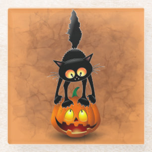 Cat Halloween erschreckter Cartoon auf Kürbiskröte Glasuntersetzer