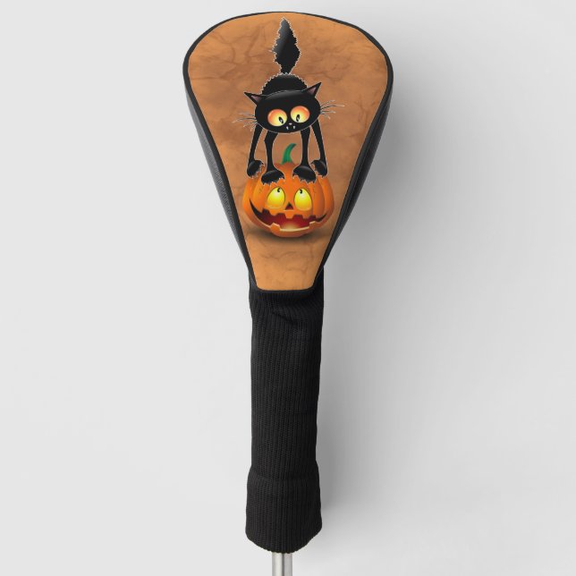 Cat Halloween erschreckter Cartoon auf Kürbiskröte Golf Headcover (Vorderseite)