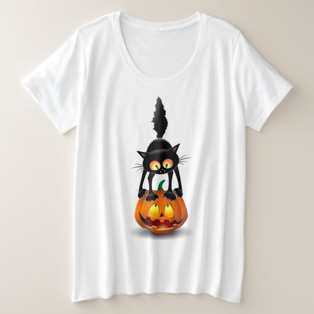 Cat Halloween erschreckter Cartoon auf Kürbiskröte Große Größe T-Shirt (Design vorne)